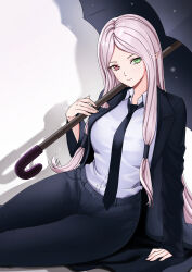 Rule 34 | 1girl, absurdres, alternate costume, black jacket, black necktie, black pants, black suit, black umbrella, closed mouth, collared shirt, commentary, contemporary, english commentary, fire emblem, fire emblem: the binding blade, formal, green eyes, heterochromia, highres, holding, holding umbrella, idunn (fire emblem), jacket, long sleeves, looking at viewer, mari48240422, necktie, nintendo, open clothes, open jacket, pants, pink eyes, pink hair, pointy ears, shadow, shirt, sitting, sleeves past wrists, solo, suit, umbrella, white shirt