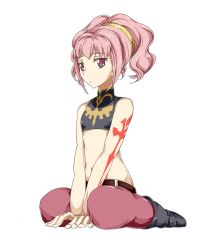 Rule 34 | 1girl, anya alstreim, breasts, closed mouth, code geass, full body, highres, knights of the round uniform, long hair, looking at viewer, maru sashi, midriff, pink hair, red eyes, simple background, small breasts, solo, thighhighs, white background