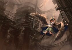 Rule 34 | 1girl, arm cannon, arm up, barefoot, bird wings, bow, brown background, brown hair, brown wings, colored extremities, control rod, energy ball, flying, frilled skirt, frills, full body, green bow, green skirt, hair bow, highres, long hair, looking at viewer, medium bangs, midriff peek, navel, open mouth, orange eyes, print cape, puffy short sleeves, puffy sleeves, reiuji utsuho, ruins, shirt, short sleeves, skirt, smile, solo, starry sky print, third eye, touhou, weapon, white shirt, wings, zhuxie1264852