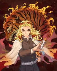 Rule 34 | 1boy, black jacket, blonde hair, cape, closed mouth, colored tips, commentary, demon slayer uniform, fiery hair, flame print, floral background, forked eyebrows, hand up, highres, holding, holding sword, holding weapon, jacket, katana, kimetsu no yaiba, leviejzn, light particles, long hair, long sleeves, looking at viewer, male focus, medium hair, multicolored hair, red background, red eyes, red hair, rengoku kyoujurou, sheath, shirt, smile, solo, streaked hair, sword, tiger, unsheathing, weapon, white cape, white shirt, yellow eyes