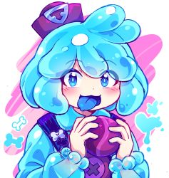 Rule 34 | blue eyes, blue hair, blue shirt, blue tongue, brawl stars, character request, collared shirt, colored tongue, eyes visible through hair, hat, highres, holding, kaoling, long sleeves, mini hat, puffy long sleeves, puffy sleeves, purple headwear, see-through, see-through sleeves, shirt, tilted headwear, upper body, white background