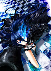Rule 34 | 10s, 1girl, absurdres, arm cannon, bad id, bad pixiv id, belt, bikini, bikini top only, black rock shooter, black rock shooter (character), blue eyes, blue hair, boots, chain, checkered floor, coat, floor, gloves, glowing, glowing eyes, highres, ihara natsume, long hair, matching hair/eyes, perspective, scar, shorts, smile, solo, swimsuit, very long hair, weapon