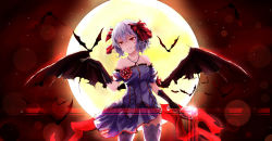 Rule 34 | 1girl, bare shoulders, bat (animal), bat wings, blue hair, cup, dress, drinking glass, gloves, highres, jewelry, lens flare, necklace, pouring, red eyes, remilia scarlet, short hair, smile, solo, thighhighs, touhou, white crow, wine glass, wings