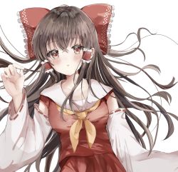Rule 34 | 1girl, absurdres, blush, bow, breasts, brown eyes, collarbone, detached sleeves, fingernails, floating hair, frilled hair tubes, frills, hair between eyes, hair bow, hair tubes, hakurei reimu, hand up, highres, long hair, looking at viewer, maruro, medium breasts, neckerchief, parted lips, red bow, red skirt, red vest, sidelocks, simple background, skirt, solo, touhou, upper body, very long hair, vest, white background, yellow neckerchief