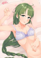 Rule 34 | 1girl, 2019, ahoge, alakoala, armpits, bed sheet, blue bra, blue eyes, bra, braid, braided ponytail, breasts, cleavage, collarbone, dated, from above, green hair, highres, kantai collection, long hair, lying, on back, on bed, pillow, shiny skin, signature, single braid, small breasts, solo, spread navel, underwear, underwear only, upper body, very long hair, yuugumo (kancolle)