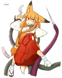 Rule 34 | 1girl, animal ears, asphyxiation, commentary request, dated, fox ears, fox tail, hair ribbon, hime cut, japanese clothes, kitsunemiko, long hair, looking at viewer, miko, original, ribbon, sakifox, sandals, simple background, single sandal, slit pupils, socks, solo, spikes, strangling, sweat, tabi, tail, tentacles, white background, white socks, wide sleeves