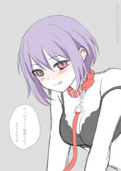 Rule 34 | 1girl, bang dream!, bare arms, black bra, blush, bra, breasts, cleavage, closed mouth, collar, commentary request, ear blush, grey background, highres, leaning forward, leash, licking lips, medium breasts, nogreen, pink eyes, purple hair, short hair, simple background, solo, speech bubble, strap slip, tongue, tongue out, translation request, underwear, upper body, yuutenji nyamu