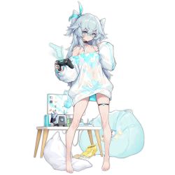 Rule 34 | 1girl, :3, bare shoulders, barefoot, black choker, blue-framed eyewear, blue eyes, blue ribbon, breasts, can, choker, closed mouth, collarbone, controller, dinergate (girls&#039; frontline), facing viewer, food, full body, game controller, gamepad, girls&#039; frontline, glasses, gun, hair between eyes, hair ornament, hair ribbon, handgun, headphones, headphones removed, heart, holding, holding controller, holding game controller, hologram, knees, legs, long hair, long sleeves, looking at viewer, monitor, nail polish, off shoulder, official alternate costume, official art, pa-15 (girls&#039; frontline), pa-15 (marvelous yam pastry) (girls&#039; frontline), pillow, pistol, ribbon, shanyao jiang tororo, sidelocks, silver hair, small breasts, smile, solo, standing, sweater, table, thigh strap, thighs, tin can, transparent background, two side up, weapon