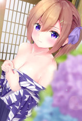 Rule 34 | 1girl, absurdres, blue flower, blurry, blurry foreground, blush, breasts, brown hair, commentary request, depth of field, flower, from side, hair between eyes, hair ornament, hair ribbon, hairclip, highres, hydrangea, japanese clothes, kimono, lens flare, looking at viewer, looking to the side, medium hair, off shoulder, original, plant, print kimono, purple eyes, purple flower, purple ribbon, ribbon, side ponytail, sliding doors, small breasts, smile, upper body, yukata, yuna rebun