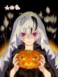 Rule 34 | 1girl, androgynous, artist name, black hair, black nails, closed mouth, emu (marico w), flower (vocaloid), flower (vocaloid4), food, ghost costume, highres, holding, holding food, holding pumpkin, holding vegetable, hood, looking at viewer, multicolored hair, nail polish, pumpkin, short hair, smile, solo, two-tone hair, underlighting, vegetable, vocaloid, white hair