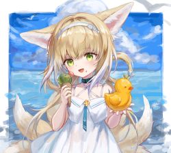 Rule 34 | 1girl, :d, animal ear fluff, animal ears, arknights, bare shoulders, blonde hair, blush, commentary request, criss-cross halter, day, dress, fang, food, fox ears, fox girl, fox tail, green eyes, hair between eyes, halterneck, head tilt, highres, holding, holding food, ice cream, ice cream cone, infection monitor (arknights), kitsune, material growth, multicolored hair, off-shoulder dress, off shoulder, open mouth, oripathy lesion (arknights), smile, solo, spacelongcat, suzuran (arknights), tail, two-tone hair, white dress, white hair