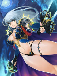 Rule 34 | 1girl, armor, aura, black panties, bling (wnsdud34), breasts, center opening, cloud, dual wielding, from below, gem, gold, holding, holding sword, holding weapon, large breasts, lingerie, lips, long hair, multi-strapped panties, original, panties, revealing clothes, shoulder armor, silver hair, skindentation, solo, sword, thigh strap, underbust, underwear, weapon, yellow eyes