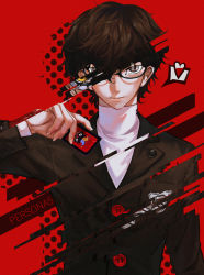 Rule 34 | 10s, 1boy, absurdres, amamiya ren, arm at side, bad id, bad pixiv id, black-framed eyewear, breast pocket, brown hair, buttons, card, closed mouth, copyright name, distortion, film grain, glasses, gloves, grey eyes, hand up, heart, highres, holding, holding card, jacket, jun (5455454541), light smile, lips, long sleeves, looking at viewer, male focus, marker (medium), mask, persona, persona 5, pocket, red gloves, school uniform, shirt, short hair, solo, spoken heart, traditional media, turtleneck, upper body, wavy hair, yellow eyes