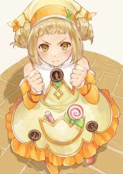 Rule 34 | 1girl, blonde hair, blunt bangs, candy, chocolat (rune factory), closed mouth, collar, commentary request, detached sleeves, double bun, dress, food, from above, hair bun, hands up, head scarf, highres, lollipop, looking at viewer, looking up, rune factory, rune factory 3, short bangs, solo, standing, t amayuki b, v-shaped eyebrows, white collar, yellow dress, yellow eyes