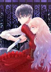 Rule 34 | 1boy, 1girl, arms around neck, black hair, blue eyes, city, clenched hand, dress, fence, frilled dress, frills, frown, gradient hair, highres, ironwork, knife, lips, long hair, long sleeves, looking to the side, multicolored hair, night, original, outdoors, pants, parted lips, purple eyes, red dress, reverse grip, searchlight, short hair, sky, star (sky), starry sky, underbust, yoshino saki