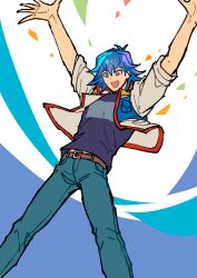 Rule 34 | 1boy, absurdres, arms up, black eyes, black shirt, blue hair, blue pants, bruno (yu-gi-oh!), denim, highres, jacket, male focus, open clothes, open jacket, open mouth, pants, shirt, smile, solo, white jacket, youko-shima, yu-gi-oh!, yu-gi-oh! 5d&#039;s