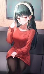Rule 34 | 1girl, absurdres, black hair, black pantyhose, blush, breasts, collarbone, couch, crossed legs, earrings, gold earrings, hairband, hand up, highres, jewelry, light smile, long hair, looking at viewer, on couch, pantyhose, picture frame, red eyes, red sweater, seero, sitting, smile, solo, spy x family, straight hair, sweater, white hairband, yor briar