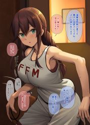 Rule 34 | 1girl, armpits, ball, basketball, basketball (object), basketball uniform, blurry, blurry background, blush, braid, breasts, brown hair, collarbone, cowboy shot, green eyes, hair between eyes, highres, holding, holding ball, ichikawa feesu, indoors, kantai collection, large breasts, leaning forward, long hair, looking at viewer, noshiro (kancolle), parted lips, shorts, solo, sportswear, sweat, tank top, twin braids, white shorts, white tank top