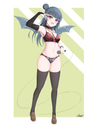 Rule 34 | :d, absurdres, arm up, black hair, black thighhighs, blush, bow, bow bra, bra, breasts, bridal gauntlets, brown footwear, collarbone, commentary request, demon wings, diagonal stripes, full body, green background, grey wings, hair bun, highres, holding, holding microphone, loafers, long hair, looking at viewer, love live!, love live! sunshine!!, medium breasts, microphone, navel, open mouth, panties, purple eyes, red bra, red panties, sato art, shoes, signature, single hair bun, smile, solo, standing, striped, striped background, thighhighs, tsushima yoshiko, two-tone background, underwear, underwear only, white background, wings