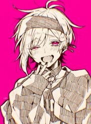 Rule 34 | 1boy, absurdres, black nails, collar, fang, greyscale with colored background, headband, highres, iida rintarou, jacket, lip piercing, long sleeves, male focus, nie3nie3, ookami game (studio wasabi), open mouth, piercing, pink background, pink eyes, shirt, short hair, skin fang, solo, t-shirt, tongue