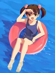 Rule 34 | 1girl, :d, afloat, barefoot, brown eyes, brown hair, child, feet, flat chest, hair bobbles, hair ornament, innertube, natori (natorism), one-piece swimsuit, open mouth, original, outdoors, school swimsuit, short hair, short twintails, smile, solo, swim ring, swimsuit, toes, twintails, water