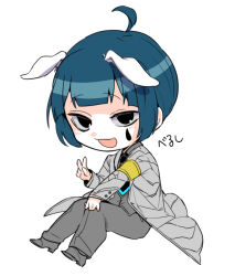 Rule 34 | 1boy, ahoge, animal ears, azanaya nie, black necktie, blue hair, coat, collared shirt, commentary request, dog ears, e.g.o (project moon), employee (project moon), grey coat, grey footwear, grey pants, grey shirt, invisible chair, lobotomy corporation, long sleeves, male focus, necktie, open clothes, open coat, open mouth, pale skin, pants, project moon, shirt, short hair, simple background, sitting, smile, solo, teardrop facial mark, translation request, v, white background
