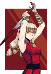 Rule 34 | 1girl, absurdres, arm wrap, arms up, blonde hair, blood, blood on hands, bloody weapon, blunt bangs, breasts, bruise, closed mouth, dress, dungeon meshi, elf, erhei233erhei, eyelashes, fighting stance, gorget, grey hair, hair tubes, highres, holding, holding sword, holding weapon, injury, long hair, looking at viewer, looking to the side, low-tied long hair, milsiril (dungeon meshi), multiple scars, outside border, pointy ears, red background, red dress, red theme, sash, scar, scar on arm, shaded face, sleeveless, sleeveless dress, solo, sword, two-handed, upper body, weapon