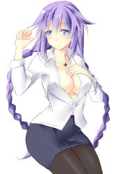 Rule 34 | 10s, 1girl, alternate costume, arm up, blue eyes, blush, braid, breasts, cleavage, embarrassed, female focus, hand on own chest, jewelry, large breasts, long hair, looking at viewer, minagi, necklace, neptune (neptunia), neptune (series), pantyhose, purple hair, purple heart (neptunia), skirt, solo, symbol-shaped pupils, twin braids, uranaishi (miraura), very long hair
