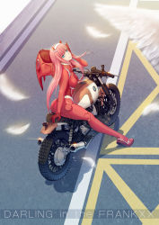 Rule 34 | 10s, 1girl, absurdres, ass, bodysuit, breasts, darling in the franxx, feathers, green eyes, hairband, highres, horns, long hair, looking at viewer, medium breasts, motor vehicle, motorcycle, pilot suit, pink hair, red bodysuit, sitting on motorcycle, skin tight, solo, tongue, tongue out, vehicle, white hairband, wings, zero two (darling in the franxx), zhuyukun2003