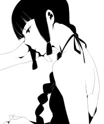 Rule 34 | 10s, 1girl, backless dress, backless outfit, black hair, blunt bangs, braid, dress, goshiki suzu, greyscale, highres, hime cut, kantai collection, kitakami (kancolle), monochrome, sidelocks, simple background, solo, white background
