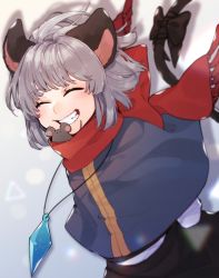 Rule 34 | 1girl, animal ears, black bow, black skirt, blush, bow, capelet, closed eyes, commentary request, drop shadow, grey hair, grin, highres, jewelry, mouse (animal), mouse ears, mouse tail, nazrin, pendant, prat rat, red scarf, scarf, scarf bow, shirt, short hair, skirt, smile, tail, tail bow, tail ornament, touhou, upper body, white shirt, wind