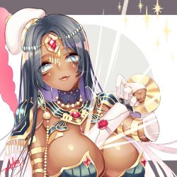 Rule 34 | 1girl, arabian clothes, black hair, blue eyes, blush, breasts, circlet, cleavage, dark skin, dark-skinned female, elbow gloves, fate/grand order, fate (series), forehead jewel, gloves, hat, highres, large breasts, long hair, looking at viewer, mokokiyo (asaddr), parted lips, scheherazade (fate), scroll, smile, solo, thumb ring, upper body, white gloves