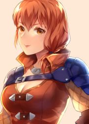 Rule 34 | 1girl, breasts, brown eyes, cleavage, closed mouth, fire emblem, fire emblem: three houses, jewelry, jurge, leonie pinelli, looking at viewer, medium breasts, necklace, nintendo, orange hair, simple background, smile, solo, upper body