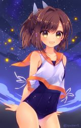 Rule 34 | 10s, 1girl, :d, bare arms, bare shoulders, blouse, blush, breasts, brown eyes, brown hair, collarbone, covered navel, cowboy shot, i-401 (kancolle), kantai collection, looking at viewer, matching hair/eyes, nemuri nemu, night, night sky, one-piece swimsuit, open mouth, outdoors, ponytail, sailor collar, school swimsuit, shirt, sky, sleeveless, sleeveless shirt, small breasts, smile, solo, star (sky), star (symbol), starry sky, swimsuit, swimsuit under clothes, tan, twitter username, white shirt