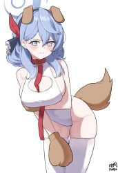 Rule 34 | 1girl, ako (blue archive), alternate costume, animal collar, animal ears, animal hands, arm under breasts, artist name, blue archive, blue eyes, blue hair, blush, breasts, cleavage cutout, clothing cutout, collar, dated, dog ears, dog tail, earrings, gloves, halo, highres, jewelry, kemonomimi mode, large breasts, leash, leotard, looking at viewer, myeolchi, paw gloves, simple background, skindentation, solo, stud earrings, sweatdrop, tail, thighhighs, white background, white leotard, white thighhighs