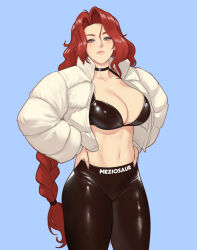 Rule 34 | 1girl, black bra, black pants, blue background, bra, breasts, character name, cleavage, clothes writing, commentary, cowboy shot, fire emblem, fire emblem: path of radiance, grey eyes, hands on own hips, jacket, large breasts, leather, leather pants, leggings, long braid, long hair, long sleeves, looking at viewer, meziosaur, midriff, navel, nintendo, open clothes, open jacket, pants, pink lips, red hair, seductive smile, simple background, smile, solo, standing, stomach, thighs, titania (fire emblem), toned, underwear, very long hair, white jacket