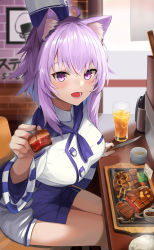 Rule 34 | 1girl, :d, animal ear fluff, animal ears, blue hair, blue neckerchief, blush, breasts, cat ears, commentary request, cup, food, fork, hat, highres, holding, holding fork, hololive, incoming food, knife, large breasts, long hair, long sleeves, looking at viewer, multicolored hair, neckerchief, nekomata okayu, onigirya (nekomata okayu), open mouth, purple eyes, purple hair, shirt, shorts, sitting, smile, solo, sora no tori, steak, streaked hair, virtual youtuber, white shirt, white shorts