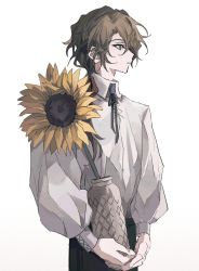 Rule 34 | 1boy, brown hair, closed mouth, facing to the side, faust lavinia, flower, hair ribbon, highres, krank, long hair, long sleeves, looking ahead, mahoutsukai no yakusoku, male focus, pants, ponytail, ribbon, shirt, simple background, solo, sunflower, white background, white shirt