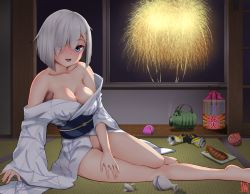 Rule 34 | 1girl, bare legs, barefoot, blue eyes, blue sash, blush, breasts, cleavage, collarbone, convenient arm, crushed can, eyes visible through hair, fireworks, floral print, food, hair ornament, hair over one eye, hairclip, hamakaze (kancolle), japanese clothes, kantai collection, kimono, large breasts, looking at viewer, lying, messy hair, naked kimono, night, obi, on side, open clothes, open kimono, open mouth, sash, seductive smile, short hair, silver hair, smile, solo, tadokoro nurikabe, thighs, white kimono, wide sleeves