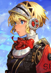 1girl aegis_(persona) android armband blonde_hair blue_eyes bow bowtie hair_between_eyes hairband hungry_clicker lips official_alternate_costume parted_lips persona persona_3 persona_3_reload pink_lips red_armband red_bow red_bowtie robot_ears s.e.e.s short_hair solo