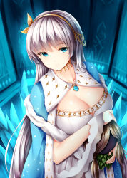 Rule 34 | 1girl, anastasia (fate), blue eyes, breasts, cape, cleavage, doll, dress, fate/grand order, fate (series), hair ornament, hairband, highres, jewelry, large breasts, leaf, long hair, necklace, ribbon, silver hair, solo, very long hair, white dress, wsman