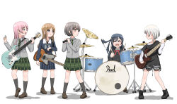 Rule 34 | &amp;&amp;, 5girls, ^ ^, ankle boots, band, bang dream!, bang dream! it&#039;s mygo!!!!!, bass guitar, black footwear, black hair, black jacket, black shirt, black socks, blazer, blue eyes, blue serafuku, blue skirt, boots, brown eyes, brown footwear, brown hair, chihaya anon, closed eyes, collared shirt, diagonal-striped clothes, diagonal-striped necktie, drum, drum set, drumsticks, electric guitar, full body, furrowed brow, green necktie, green skirt, grey eyes, grey hair, grey jacket, grey neckerchief, guitar, haneoka school uniform, hayashi coco, highres, holding, holding drumsticks, holding instrument, holding microphone, holding plectrum, instrument, jacket, kaname raana, kneehighs, layered sleeves, loafers, long hair, long sleeves, looking at another, love live!, love live! nijigasaki high school idol club, microphone, multiple girls, nagasaki soyo, neck ribbon, neckerchief, necktie, nijigasaki school uniform, one side up, open mouth, parted lips, pink hair, pleated skirt, plectrum, red ribbon, ribbon, sailor collar, school uniform, serafuku, shadow, shirt, shoes, short hair, skirt, socks, standing, striped clothes, sweat, takamatsu tomori, torn clothes, torn shirt, tsukinomori school uniform, voice actor connection, white background, white hair, white sailor collar, white shirt, winter uniform, yuki setsuna (love live!)