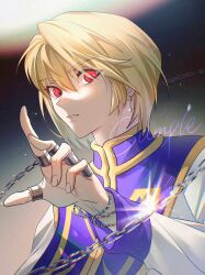 Rule 34 | 1boy, androgynous, blonde hair, blue tabard, chain, crystal earrings, earrings, glint, highres, hunter x hunter, jewelry, kurapika, long sleeves, looking at viewer, male focus, medium hair, multiple rings, ppttppff, red eyes, ring, solo, tabard, thumb ring, upper body
