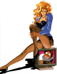 Rule 34 | 1990s (style), absurdres, blonde hair, blush, book, breasts, computer, covered erect nipples, earrings, golden boy, hat, high heels, highres, hugging own legs, jewelry, long hair, nail polish, nipples, onna shachou, ooe kintarou, pantyhose, pen, retro artstyle, saliva, shoes, sitting, writing