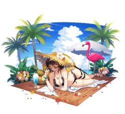Rule 34 | 1girl, absurdres, beach, bikini, bird, black bikini, blue nails, blue sky, bracelet, breasts, brown hair, cleavage, closed mouth, counter:side, day, flamingo, flower, food, fruit, full body, glint, halterneck, hat, hat flower, highres, horizon, huge filesize, innertube, jewelry, joo shiyoung, large breasts, lying, mango, nail polish, navel, necklace, non-web source, official alternate costume, official art, on side, outdoors, petals, pineapple, red eyes, sandals, short hair, side-tie bikini bottom, sky, smile, solo, straw hat, string bikini, sun hat, sunglasses, swim ring, swimsuit, thigh strap, thighlet, transparent background, wrist flower, wristband