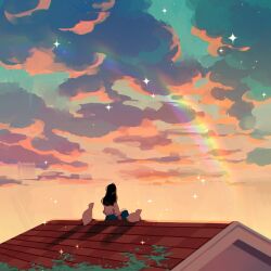 Rule 34 | 1girl, after rain, bird, black hair, cloud, commentary, duck, english commentary, facing back, from behind, jauni (tofublock), long hair, long sleeves, looking up, original, outdoors, rainbow, rooftop, shadow, shirt, sky, solo, sparkle, white shirt, white sleeves