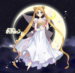 Rule 34 | 1girl, absurdres, barefoot, beads, bishoujo senshi sailor moon, blonde hair, breasts, cleavage, collarbone, crescent, crescent earrings, crescent facial mark, double bun, dress, earrings, facial mark, flower, full body, green eyes, hair beads, hair ornament, highres, jewelry, long hair, mi.g, petals, princess serenity, ribbon, rose, rose petals, sky, smile, solo, star-shaped pupils, star (sky), star (symbol), starry sky, symbol-shaped pupils, tsukino usagi, twintails, very long hair, white dress, white flower, white rose