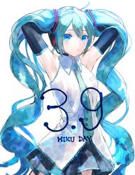 Rule 34 | 1girl, 39, absurdly long hair, aqua eyes, aqua hair, aqua necktie, artist name, artist request, bare shoulders, black skirt, black sleeves, black thighhighs, blue eyes, blue hair, blue necktie, blush, breasts, collared shirt, detached sleeves, female focus, hair between eyes, hair ornament, hatsune miku, headphones, headset, highres, long hair, long sleeves, looking at viewer, miku day, necktie, parted lips, pleated skirt, raumcar, shirt, skirt, sleeveless, sleeveless shirt, sleeves past fingers, sleeves past wrists, small breasts, solo, thighhighs, twintails, very long hair, vocaloid, white background, white shirt