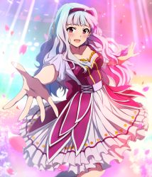 Rule 34 | 1girl, :d, hairband, highres, hina (araburu-hinadori), idolmaster, idolmaster (classic), long hair, open mouth, outstretched arms, outstretched hand, petals, purple eyes, shijou takane, silver hair, smile, solo