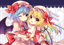 Rule 34 | 2girls, ;d, ascot, back bow, bat wings, blonde hair, blue hair, blush, bow, brooch, chibi, commentary, commentary request, crystal, english text, eyelashes, fang, flandre scarlet, frilled shirt collar, frills, full body, hat, hat bow, hat ribbon, heart, holding hands, hug, interlocked fingers, jewelry, looking at viewer, mob cap, multicolored wings, multiple girls, one eye closed, open mouth, puffy short sleeves, puffy sleeves, red bow, red eyes, red ribbon, remilia scarlet, ribbon, ruhika, sash, shirt, short hair, short sleeves, siblings, side ponytail, sisters, skirt, smile, sparkle, standing, striped, striped background, touhou, upper body, white background, white sash, white shirt, wings